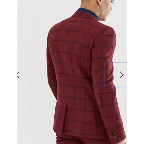 ASOS DESIGN wedding skinny suit jacket in burgundy wool mix check - Picture 2 of 8